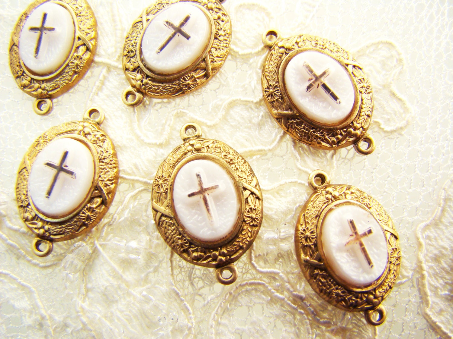 Vintage White & Gold Embossed Cross Cabochon by alyssabethsvintage