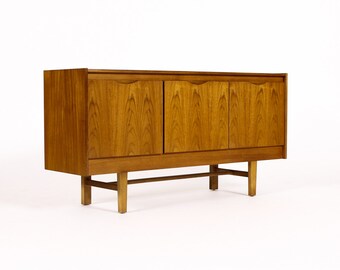 Danish Modern / Mid Century Compact Teak Credenza / Sideboard / Media Cabinet — Three door — Grain Matched
