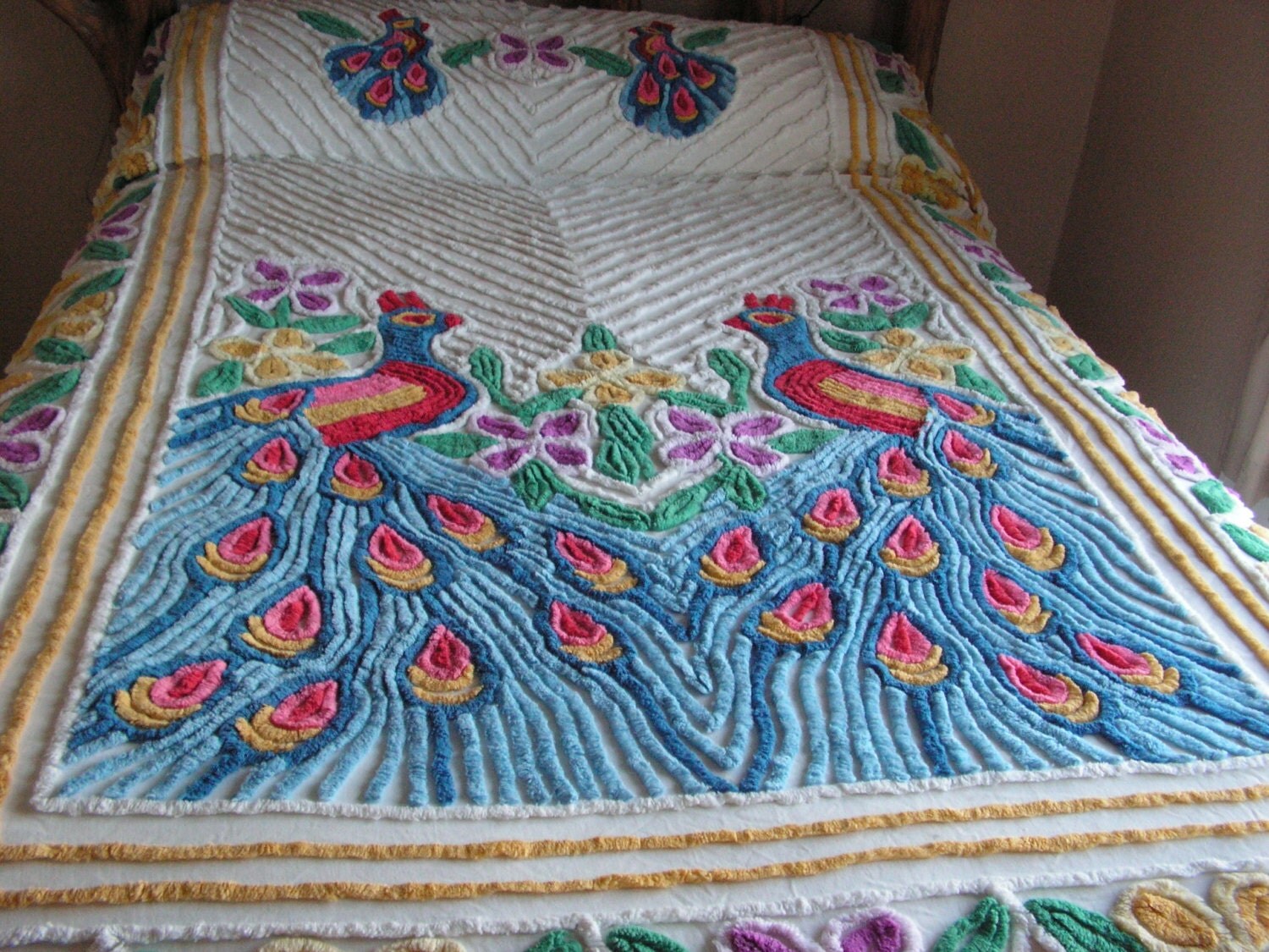 VINTAGE CHENILLE PEACOCK bedspread by buffalogalsgallery on Etsy