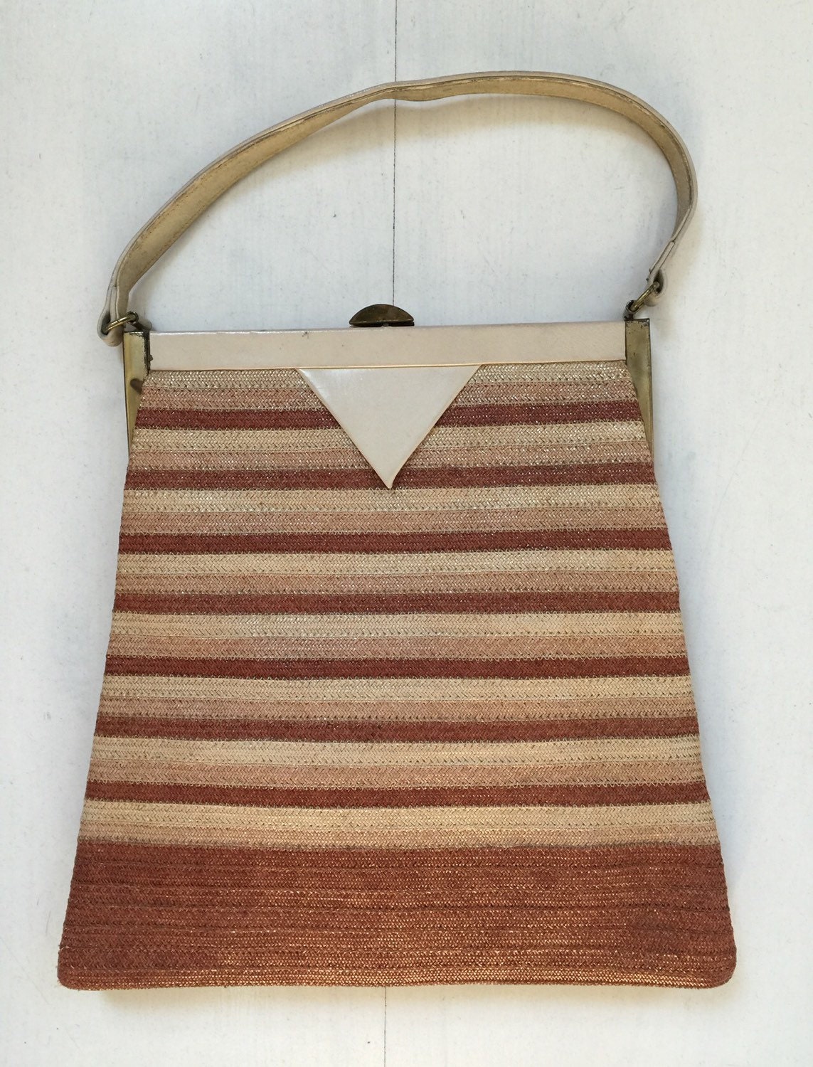 1950s Art Deco Straw Handbag By Melbourne Vintage Striped