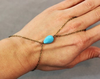 Turquoise Hand Chain - Turquoise and Antique Brass Slave Bracelet - Turquoise and Antiqued Slave Bracelet