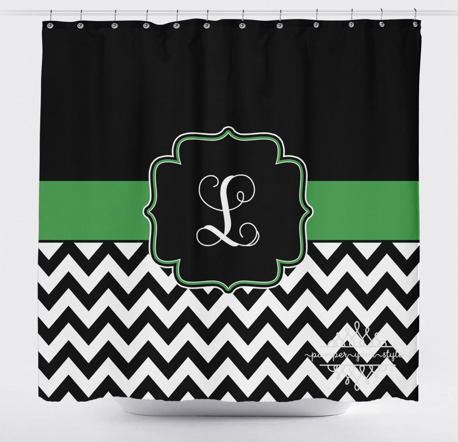 Hunter Green and Black Shower Curtain Personalzied Shower