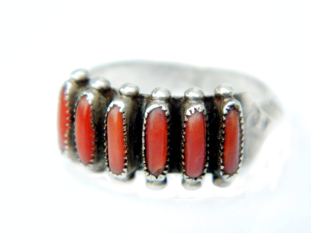 Zuni Needlepoint Ring Red Coral Janice Paloma Native American