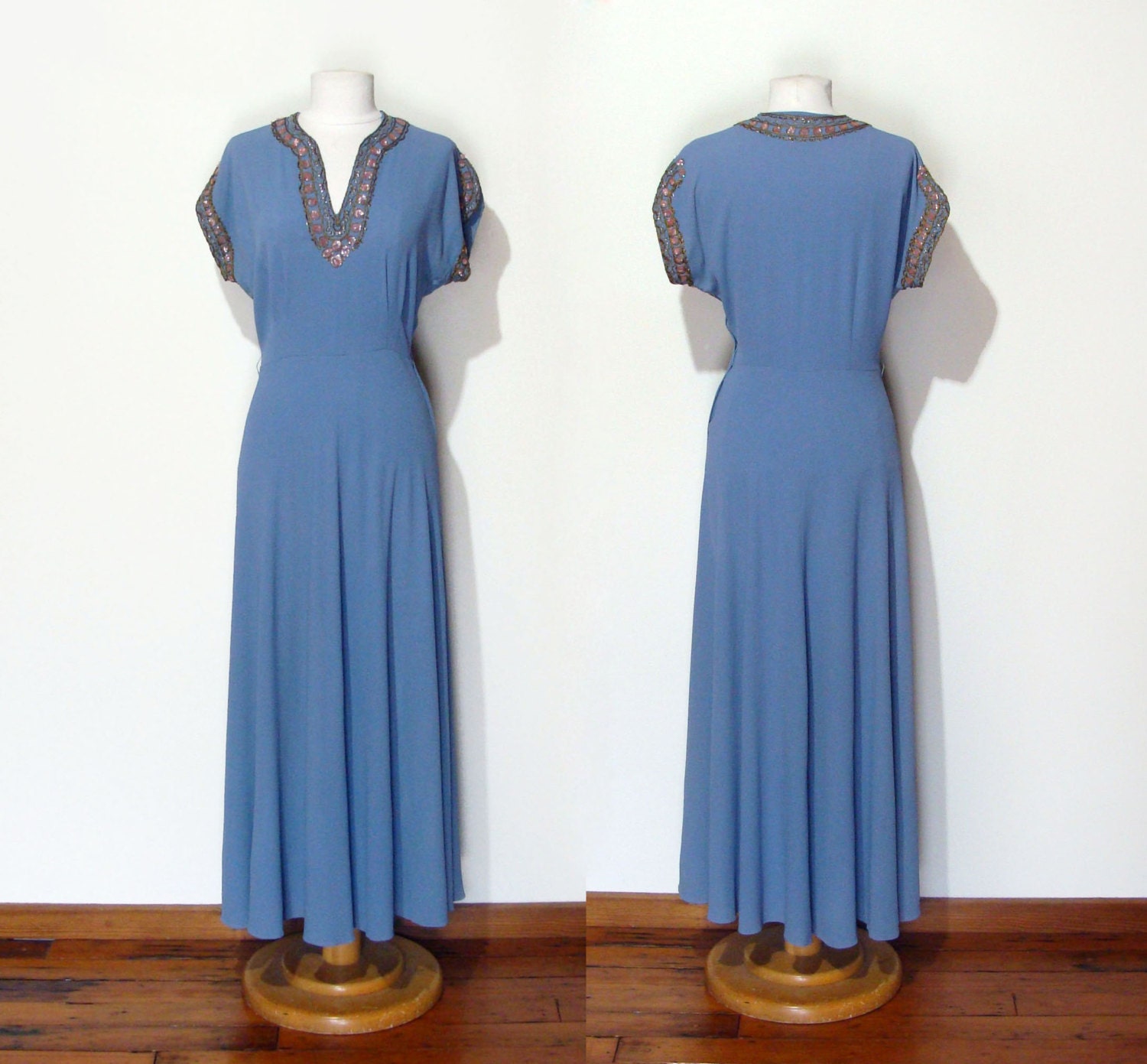 40's Holt Renfrew Sequined Crepe Gown Periwinkle