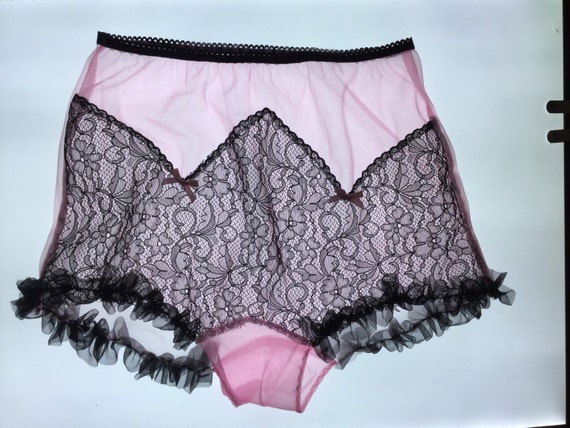Vintage style sheer nylon lace panties pleated trim burlesque