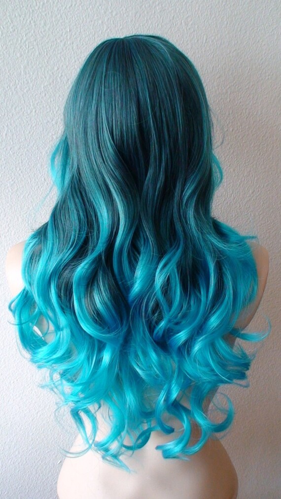 Turquoise Teal Ombre wig. Long curly hair long side by kekeshop
