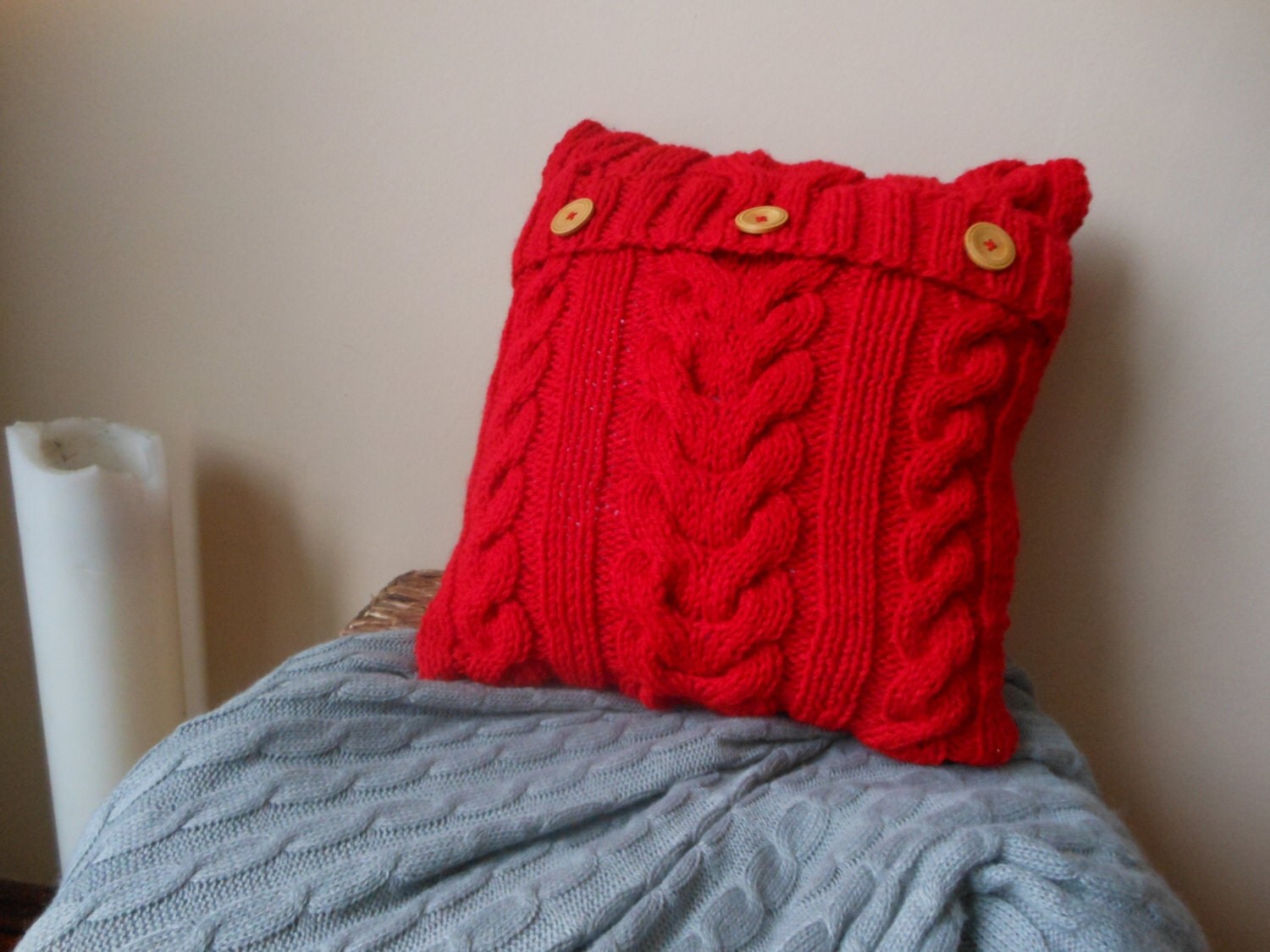 Cable Hand Knit Pillow Cover Pillow Red Pillow Decorative Knit