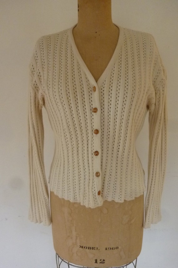 Mod Sweater 100% Woven Natural Cotton Cardigan V Neck Wood