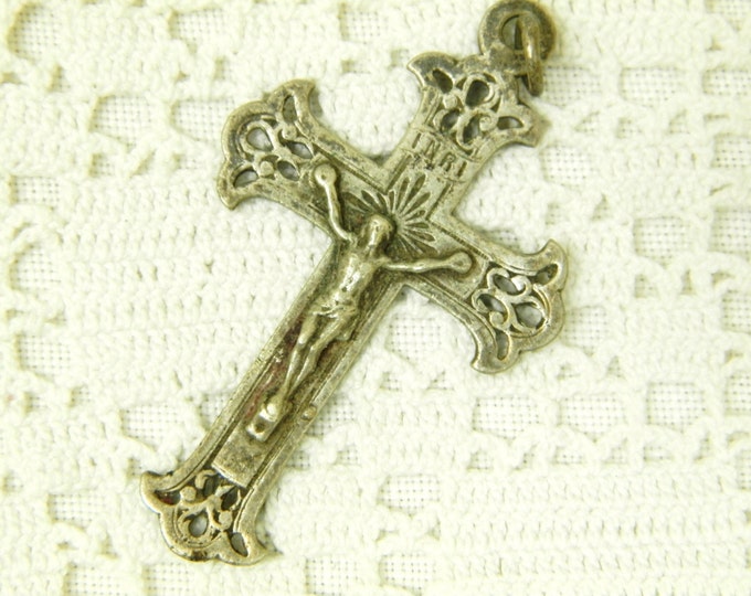 Antique French Silver Plated Crucifix / Religious Jewelry / Christian Cross / Jesus / Catholic / Religion / Church / Traditional French Antique French Silver Plated Crucifix / Religious Jewelry / Christian Cross / Jesus / Catholic / Religion / Church / Traditional French