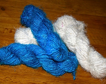 100 gm Hanks of RECYCLED  Blue and White SARI SILK for knitting, crochet, textile art, weaving