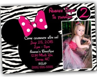 Minnie Mouse Invitations, Minnie Mouse Birthday, Pink Minnie Mouse invitations, Minnie Mouse party, or Minnie Mouse Thank you card, Zebra