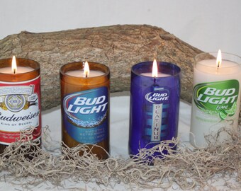 Beer Bottle Candle Upcycled from Budweiser and Bud Light Beer Bottles, Custom Made Candle
