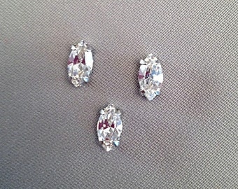 Clear Crystal, 8X4mm Swarovski Navette Sew On Rhinestones, Set of 3, Choice of Silver or Gold Settings,Clear, 4228, 4 hole, Navette