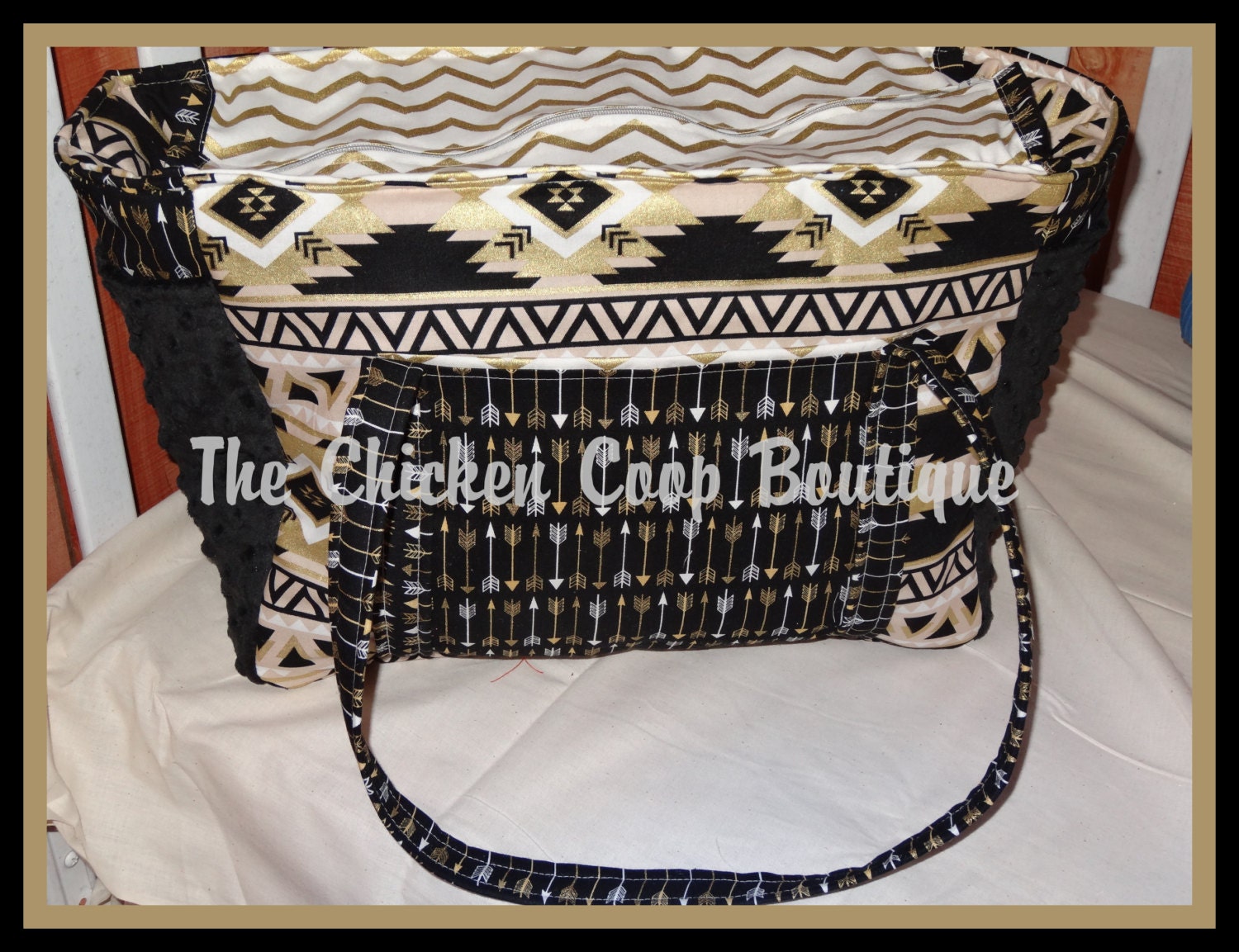 Diaper Bag AZTEC and ARROWS in Black in Gold Lots of pockets