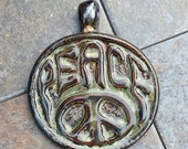 Ceramic Pendant - Focal Bead - Focal Pendant - Peace Sign - Brown Green Beige - Earth Tones - Statement Pendant - Stoneware - Made with Love
