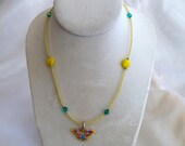 Czech Glass, Sterling Silver, and Multi Color Enameled Butterfly Necklace