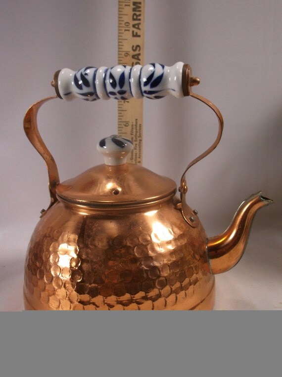 Vintage Copper Tea Kettle Pot Ceramic Handle & Lid