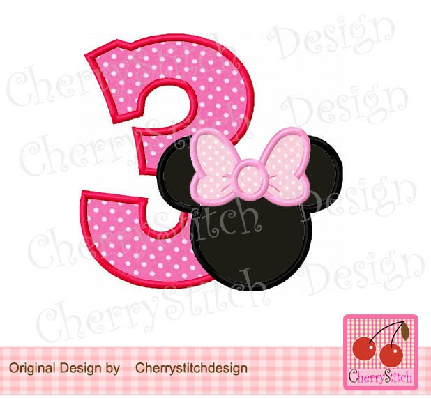 minnie number 3 birthday number machine embroidery applique