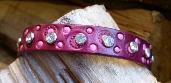 Purple/Pink Leather Ladies Bracelet-Crystal Color Rhinestones-Chain and Toggle-Hand Stamped Tooled/Painted-Boho/Hippie/Modern Accessories!!!