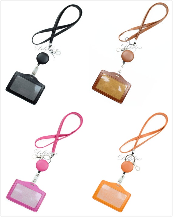 3 in 1 Necklace PU Leather Lanyard with Retractable Reel and Horizontal ID Badge Holder with 1 ID Window and 1 Card Slot