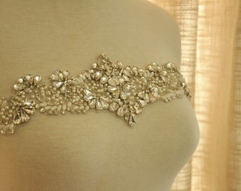 Crystal and Rhinestone Beaded Applique Bridal Belt Wedding Sash Applique