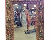 Hand Carved Mirror Decor Indian Architectural Wooden Colorful Mirror Frame