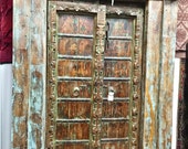 Indian Antique Ganesha Doors Warm Teak Brass Iron Hand Carved Double Door & Frame