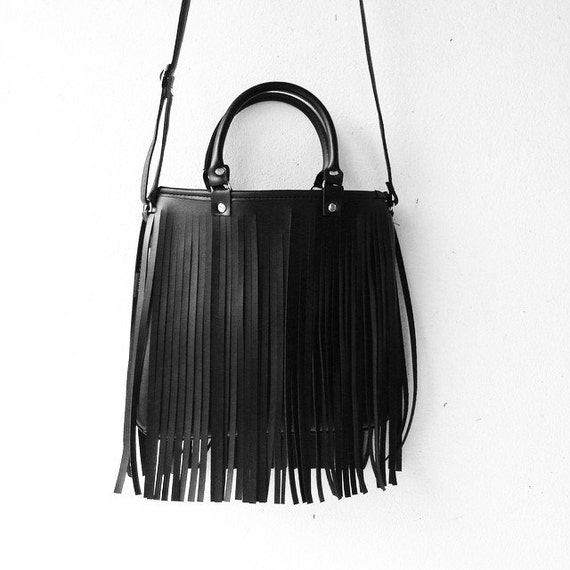 Black Boho Fringe Bag Mini Bohemian Handbag PU Leather Cross