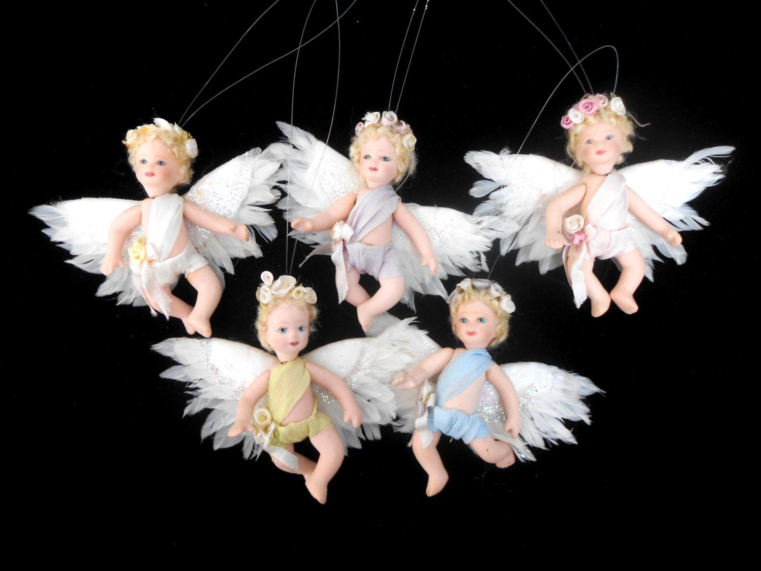5 Vintage Angel Dolls Dressed in Silk and Feather Wings