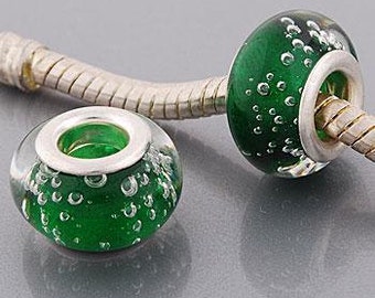 European Style Bead Charm for European Bracelet, Murano Glass, Silver Cores, Emerald Green ~ Summer Collection