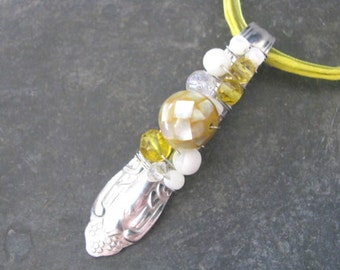Spoon Necklace; Yellow and White Beaded and Wire Wrapped Spoon Handle Necklace; Up Cycle