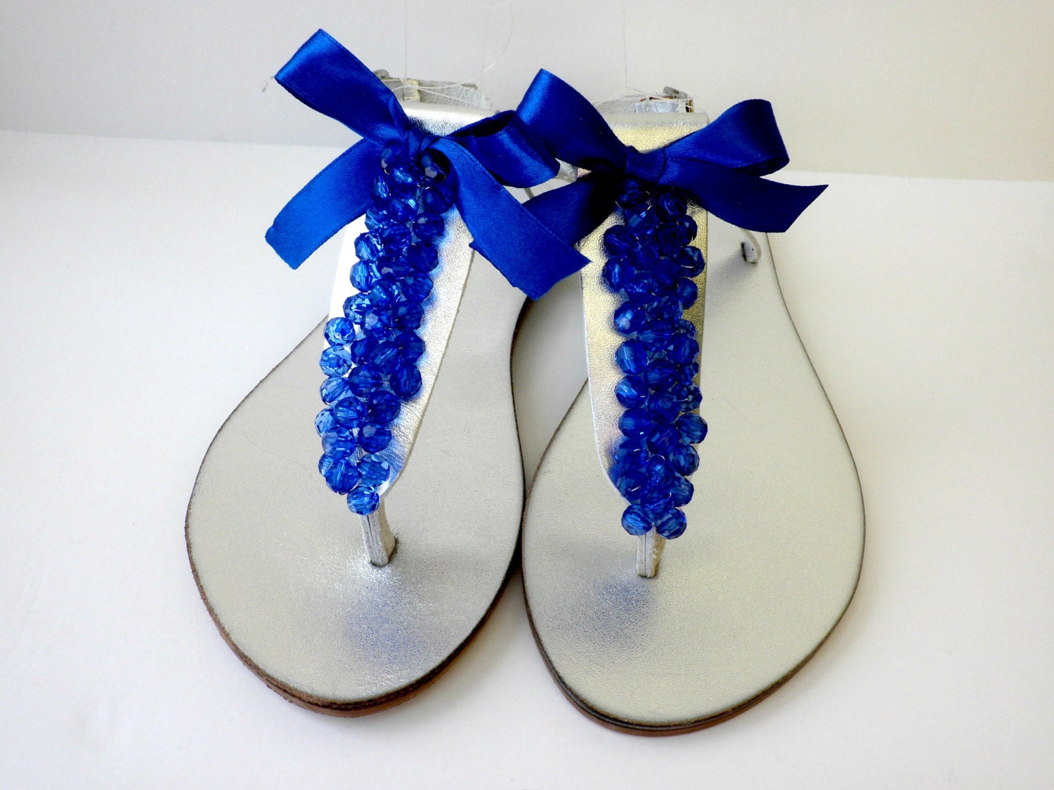 Wedding sandals Blue decorated silver sandalsGreek leather