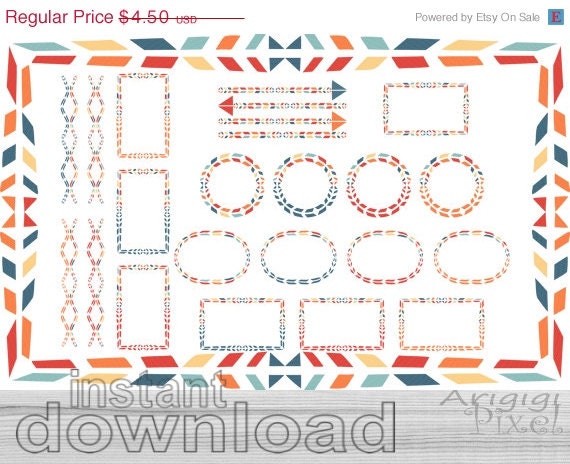 ON SALE 70 % OFF tribal digital paper, frame clip art set, circle, oval, rectangular, blue, red, orange, digital paper pack, commercial use Il_570xn