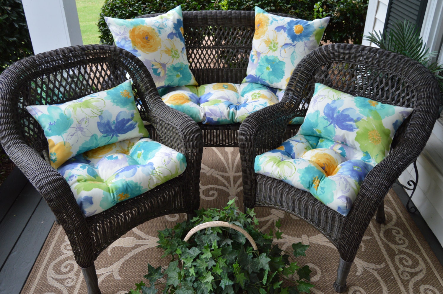 Wicker Cushion & Pillow 7 PC Set Blue Green and Yellow