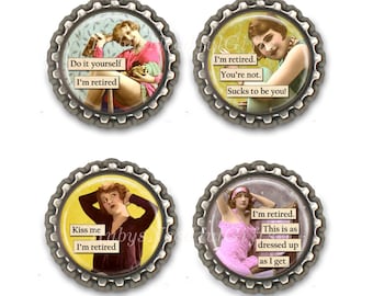 Retirement Bottle Cap Magnets, Bottlecap magnets, Retirement Magnets, fridge magnets, refrigerator magnets, Birthday Gift, Set of 4.