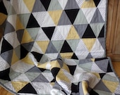 Modern Triangle Toddler Quilt in Gray, Yellow, Black and White, Modern Toddler Quilt, Modern Triangle Quilt,  MADE TO ORDER