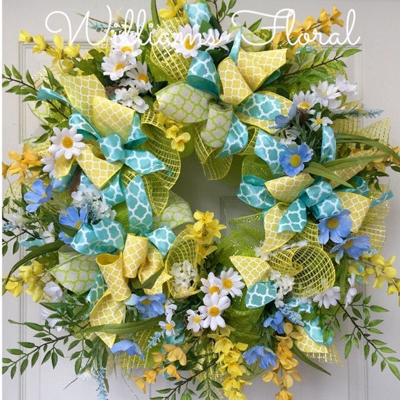 Blue and Yellow Spring and Summer Mesh Wreath by WilliamsFloral