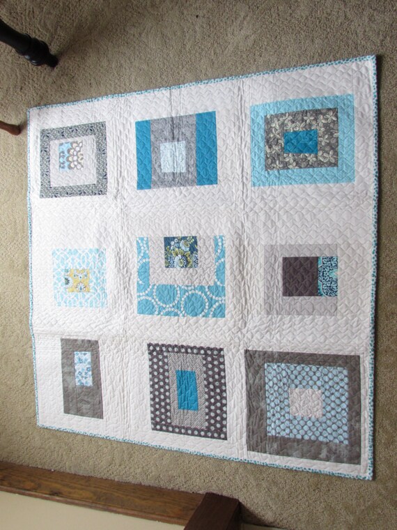 Modern Baby Quilt/Grey and Aqua Baby Quilt/Modern by Quiltiferous