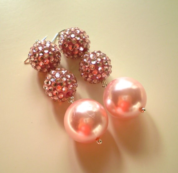 RESERVED Pink Rhinestone and Faux Pearl Earrings Pink