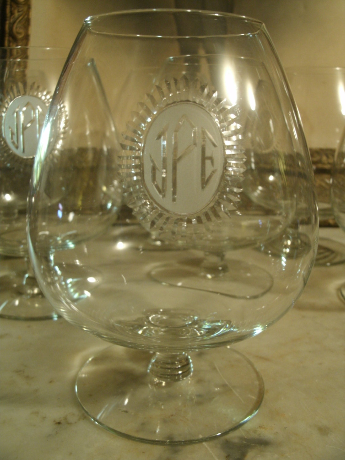Set Of Seven Cut Glass Monogrammed Large Snifter Glasses Crystal