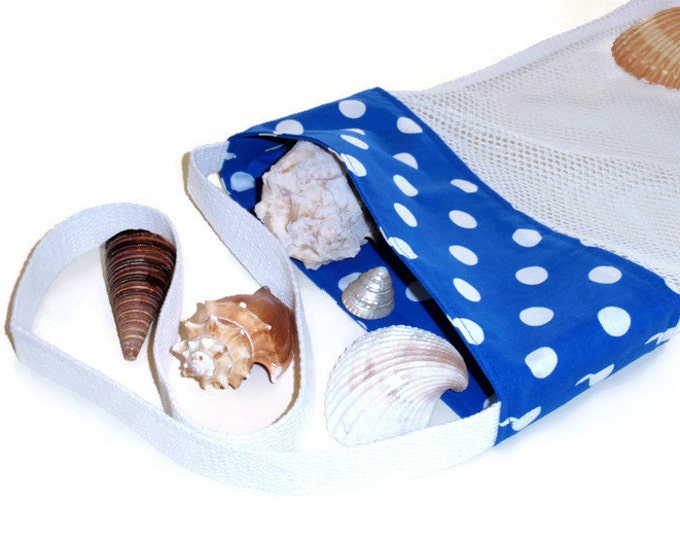 Easter Egg Hunting Bag, Mesh Beachcomber Sea Shell Collecting, Beach or Pool Toy Bag, Blue Polka Dot Tote, Gift For Kids or Adults