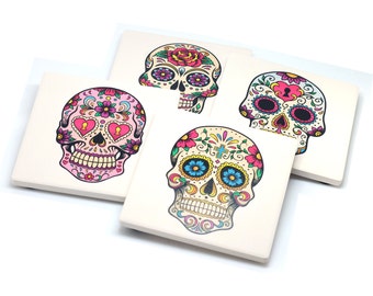 Set Of 4 Stone Drink Coasters With Sugar Skulls Day Of The Dead Design, Wine, Coffee, Drinks, Party, Housewarming Gift, Mother's Day,