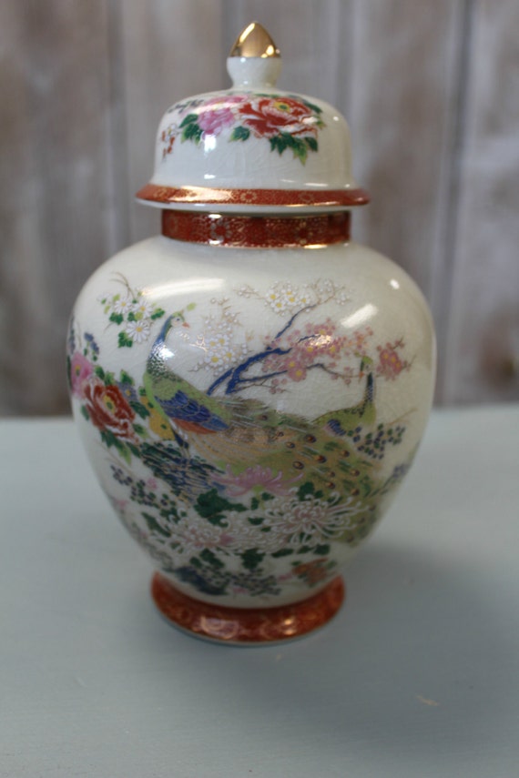 Satsuma Ginger Jar Vintage Peacock Vase by CollectibleCorner