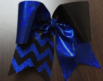 Dark Blue and Black w/black Glitter Chevron Cheer Bow