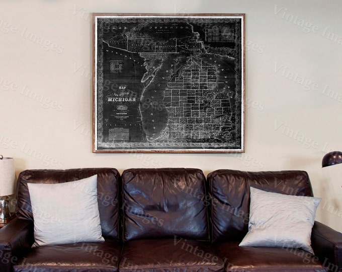 Old Michigan map, vintage 1856 map of Michigan, Old Antique Restoration Hardware Style wall Map, Lake Michigan map. Historic Fine Art Map