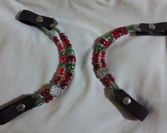 Red, Green, Silver PAIR of One-Ear Bling “Browband” Earpieces for Western headstalls. Any color leather. Perfect for riding this holiday!