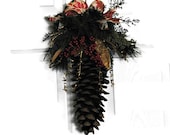 Sugar Pine Cone Winter Decor Accented with Lots of Faux Greens and Gold - (#300.6)