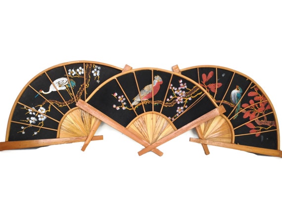 Wood and cloth asian fan painted flowers and birds bamboo and linen