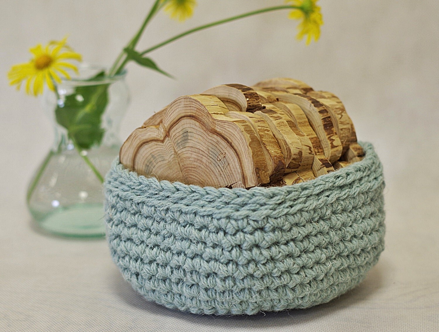 Crocheted wool Storage Basket aquamarine Basket Hand