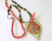 BACK2SCHOOL SALE!   Daisy-in-heart necklace, pottery pendant, lampwork beads, hand-made, artisan beads, OOAK